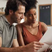 A couple reading a paycheck stub