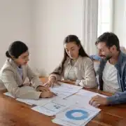 Three professionals reviewing financial analysis documents and charts around a wooden table, including forms, bar graphs, and blue pie charts