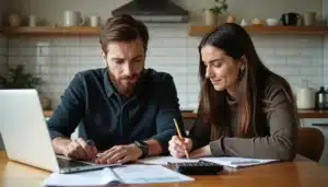 Couple sitting at a table reviewing bills or financial documents together with a laptop and calculator.