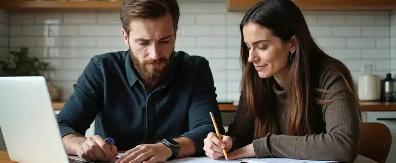 Couple sitting at a table reviewing bills or financial documents together with a laptop and calculator.